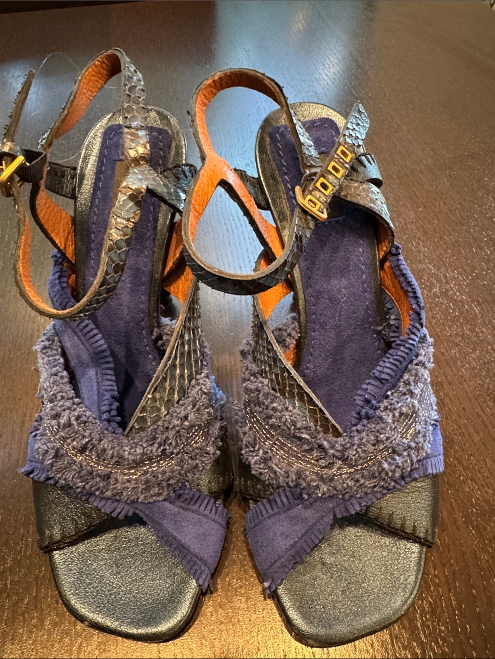 Marc Jacobs Navy Blue Textured Slingback Sandals with Snakeskin Straps